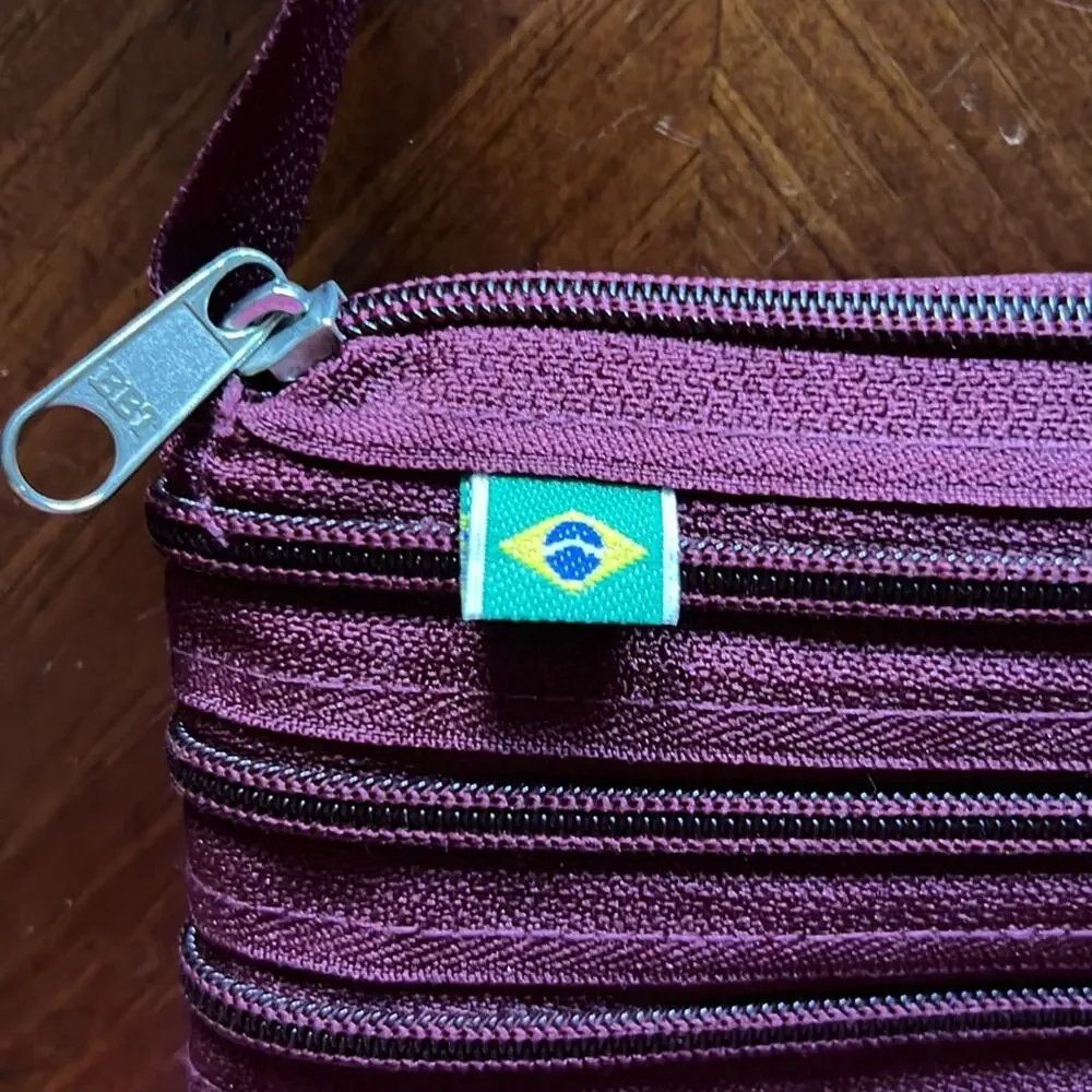 Maroon Continuous Zipper Crossbody Bag Purse with Brazilian Flag Tag